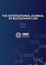 The cover of the International Journal of Blockchain Law, Volume VI1. The cover is dark blue with connected chain links.