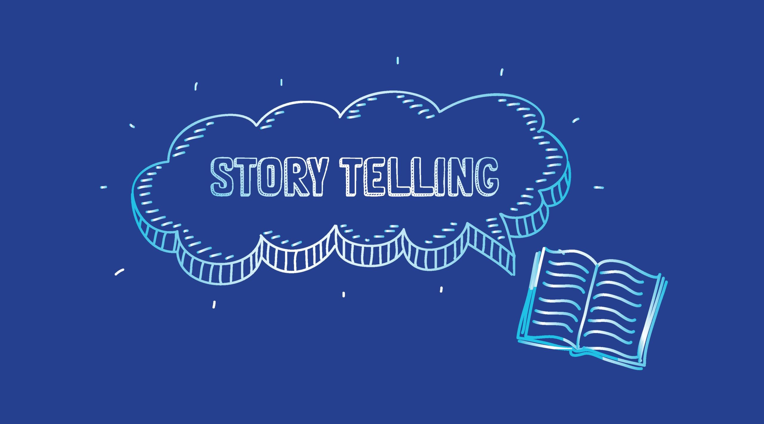 Graphic of a book with a speech bubble of the words 'story telling'