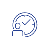 blue line graphic of a person next to a clock
