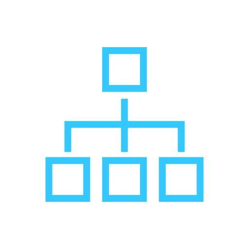 blue line graphic of a box branching to three boxes below