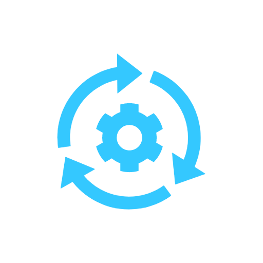 blue line graphic of a cog surrounded by three arrows in a circle