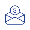 blue line graphic of an envelope and a coin with a dollar sign